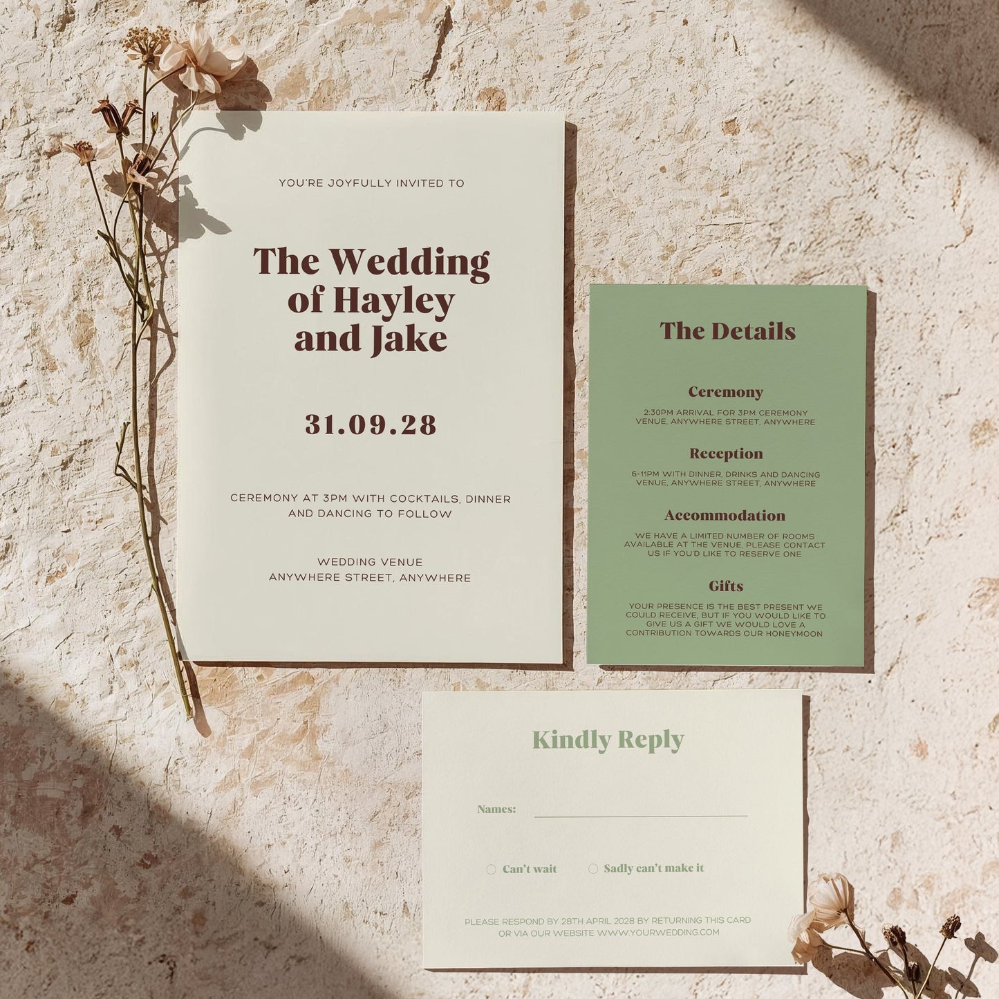 Minimalist modern Wedding Invitation Set. Editable template, built in Canva. 