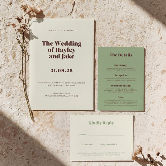 Minimalist modern Wedding Invitation Set. Editable template, built in Canva. 